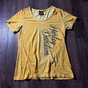 Harley Davidson Womens Yellow Graphic V Neck T Shirt Size Medium